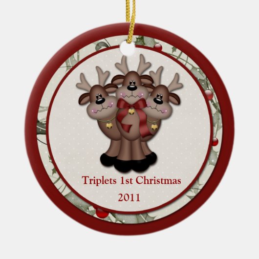 トナカイの三つ子 初めてのクリスマス セラミックオーナメント (正面)