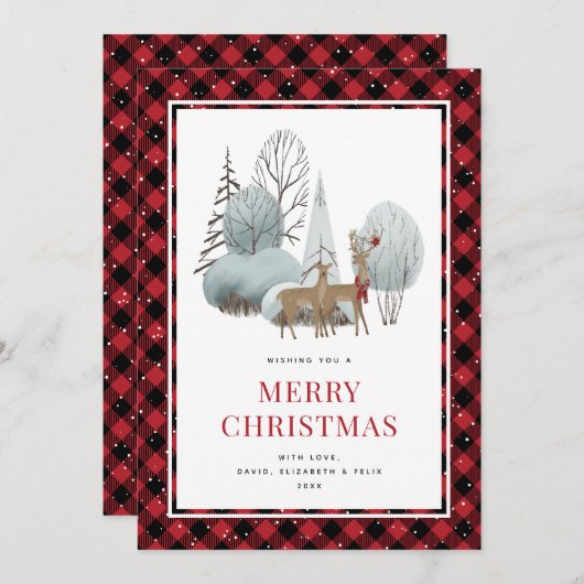 トナカイの冬のシーン赤いメリークリスマス シーズンカード (正面/裏面)