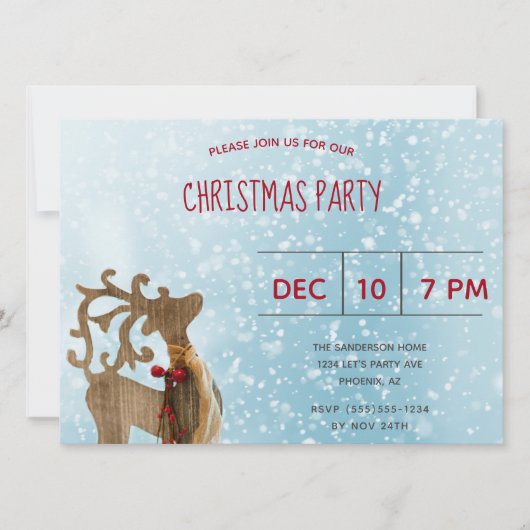 トナカイの冬の不思議の国の青いクリスマス・パーティ 招待状 (正面)