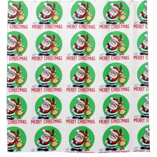 トナカイの友人とサンタクロース シャワーカーテン (正面)