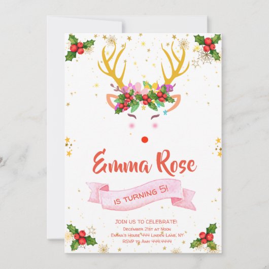 トナカイの女の子のクリスマスの誕生日 招待状 (正面)