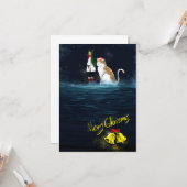 トナカイの女の子メリークリスマスキャット魔法の休日 カード (正面/裏面インサイチュ)