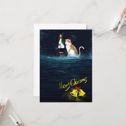 トナカイの女の子メリークリスマスキャット魔法の休日 カード (正面/裏面インサイチュ)