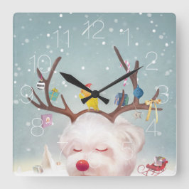 トナカイの子犬〔雄ジカの〕枝角 スクエア壁時計