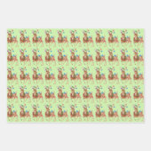 トナカイの子猫、犬、緑の赤い格子縞 ラッピングペーパーシート (正面3)