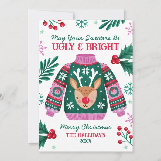 トナカイの家族の写真と醜いセーター シーズンカード (正面)