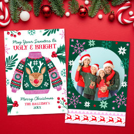 トナカイの家族の写真と醜いセーター シーズンカード