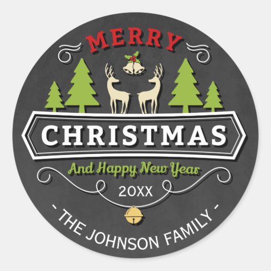 トナカイの木のクリスマスと黒板 ラウンドシール (正面)