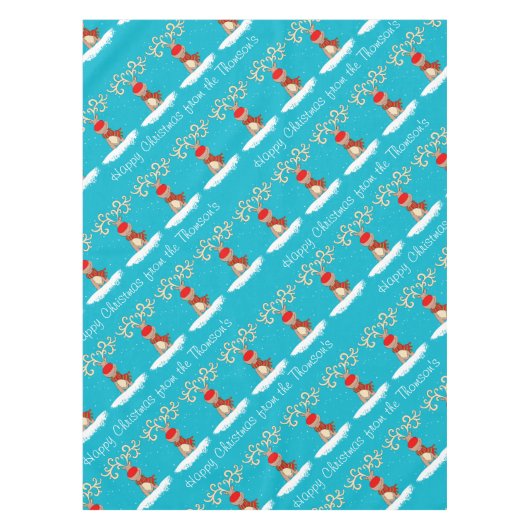 トナカイの楽しいクリスマスの名前入りな姓 テーブルクロス (正面)