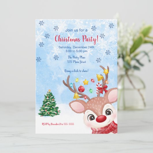 トナカイの水色のクリスマスパーティの招待状 招待状 (スタンド正面)