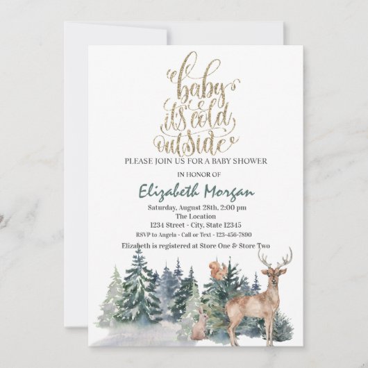 トナカイの緑の赤ちゃんシャワー外は寒い 招待状 (正面)