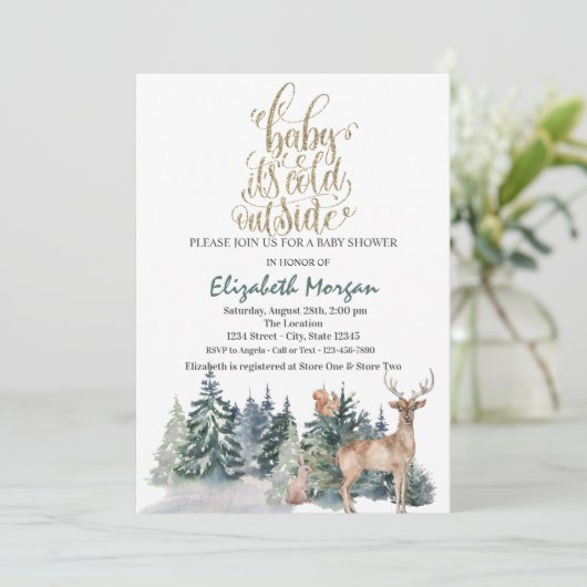 トナカイの緑の赤ちゃんシャワー外は寒い 招待状 (スタンド正面)