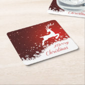 トナカイの舞い上がる、雪の結晶クリスマス スクエアペーパーコースター (アングル)