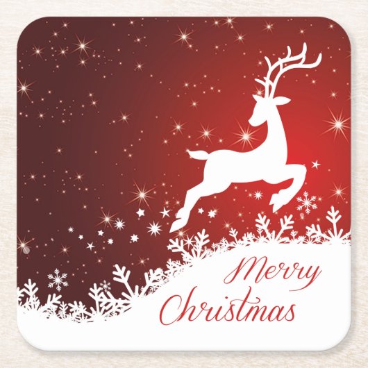 トナカイの舞い上がる、雪の結晶クリスマス スクエアペーパーコースター (正面)