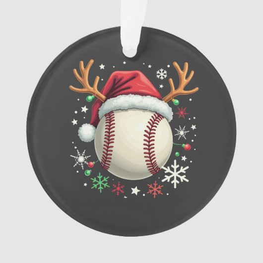 トナカイの角とクリスマスがついた野球ボール オーナメント (正面)
