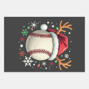 トナカイの角とクリスマスがついた野球ボール ラッピングペーパーシート