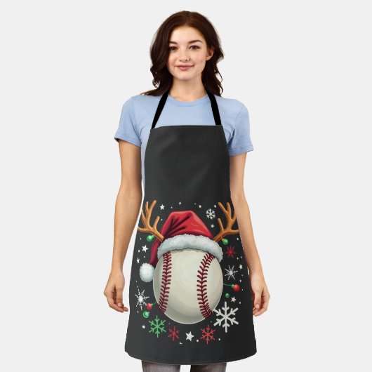 トナカイの角とクリスマスの野球ボール エプロン (着用した状態)