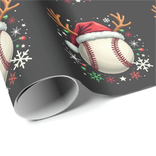 トナカイの角とクリスマスの野球ボール ラッピングペーパー (ロールコーナー)