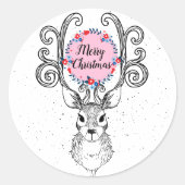 トナカイの角と花のリースのホリデーシーズン ラウンドシール (正面)