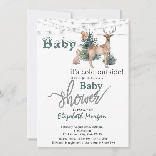 トナカイの赤ちゃんシャワー外は寒い 招待状 (正面)