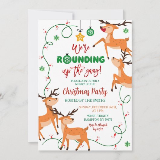 トナカイの集団パーティーの丸め 招待状 (正面)
