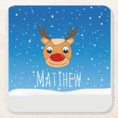 トナカイの雪パーソナライズされた青 スクエアペーパーコースター (正面)