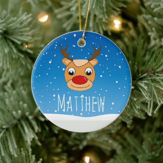 トナカイの雪パーソナライズされた青 セラミックオーナメント (ツリー)