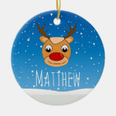 トナカイの雪パーソナライズされた青 セラミックオーナメント (正面)