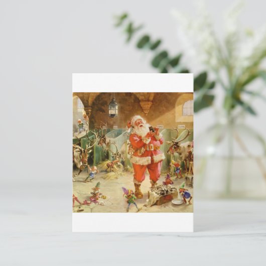 トナカイの馬小屋のサンタクロースそして彼の小妖精や小人 シーズンポストカード (スタンド正面)