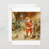 トナカイの馬小屋のサンタクロースそして彼の小妖精や小人 シーズンポストカード (正面/裏面)