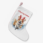 トナカイの〔雄ジカの〕枝角が舞うクリスマスコルギ スモールクリスマスストッキング (正面 (吊り時))