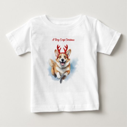 トナカイの〔雄ジカの〕枝角が舞うクリスマスコルギ ベビーTシャツ (正面)