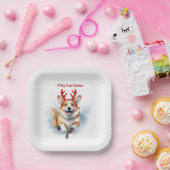 トナカイの〔雄ジカの〕枝角が舞うクリスマスコルギ ペーパープレート (パーティー)