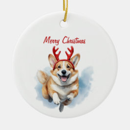 トナカイの〔雄ジカの〕枝角でクリスマスコルギをパーソナライズ セラミックオーナメント