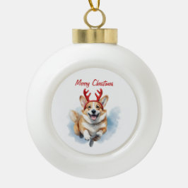 トナカイの〔雄ジカの〕枝角でクリスマスコルギをパーソナライズ セラミックボールオーナメント
