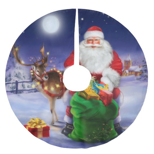 トナカイを持つサンタクロース ブラッシュドポリエステルツリースカート (正面)