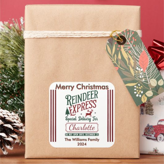 トナカイエクスプレスチームからのお祭り気分あふれるお届け物 スクエアシール (クリスマス)