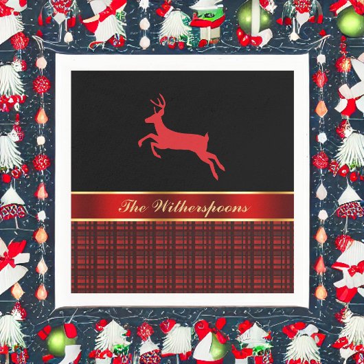 トナカイエレガントと赤いリボンを持つバッファローのプレイド スタンダードカクテルナプキン