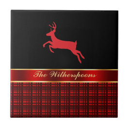 トナカイエレガントと赤いリボンを持つバッファローのプレイド タイル