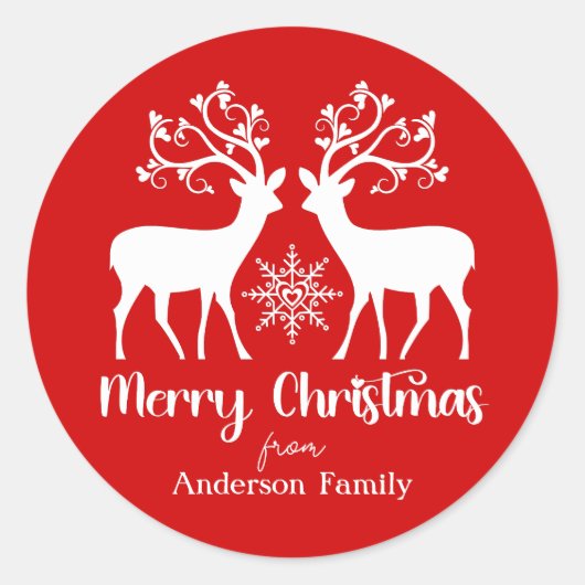 トナカイエレガントズメリークリスマスファミリー名レッド ラウンドシール (正面)