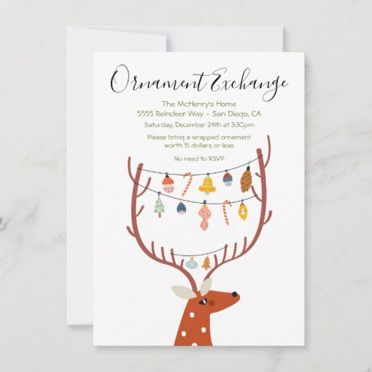 トナカイオーナメント交換クリスマスホリデーパーティー 招待状 (正面)