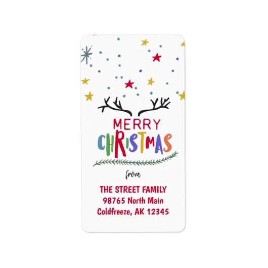 トナカイカラフルアントラーとスターズメリークリスマス ラベル (正面)