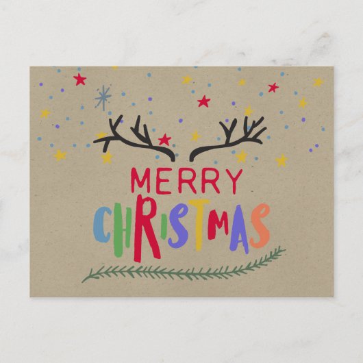 トナカイカラフル〔雄ジカの〕枝角&スターズメリークリスマス ポストカード (正面)