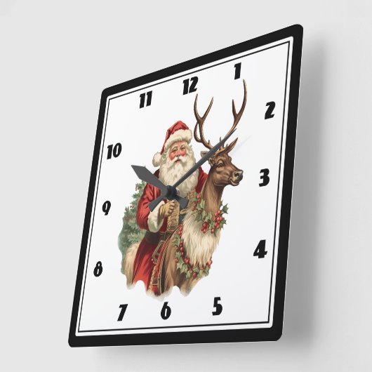 トナカイクラシックのクリスマスに乗るサンタクロース スクエア壁時計 (傾斜)