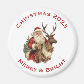 トナカイクラシックのクリスマスに乗るサンタクロース マグネット (正面)