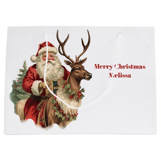 トナカイクラシックのクリスマスに乗るサンタクロース ラージペーパーバッグ (正面)