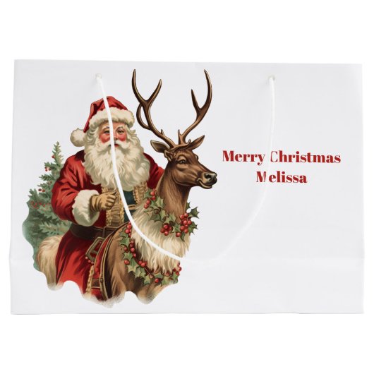 トナカイクラシックのクリスマスに乗るサンタクロース ラージペーパーバッグ (裏面)