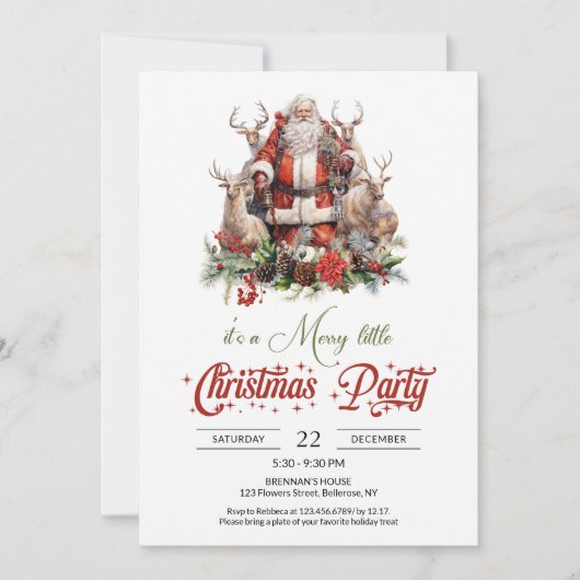 トナカイクラシックを持つ赤と緑のサンタクロース 招待状 (正面)