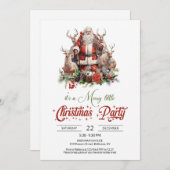 トナカイクラシックを持つ赤と緑のサンタクロース 招待状 (正面/裏面)