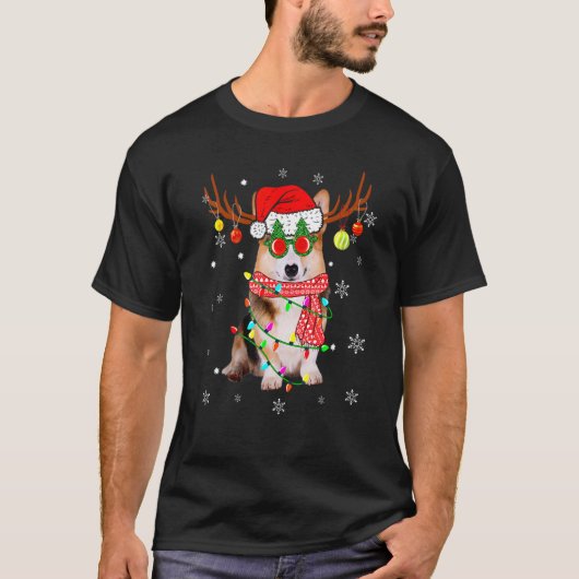 トナカイコーギー犬サンタ帽子クリスマス Tシャツ (正面)